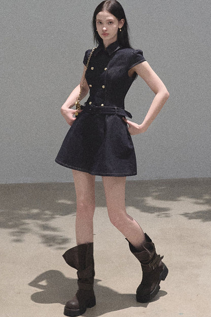 Retro Denim Waist-Cinching Dress Set-Up
