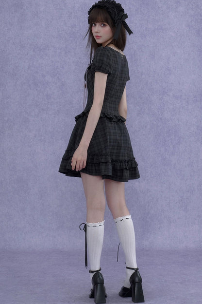 Rose Plaid Lolita Square Neck Dress