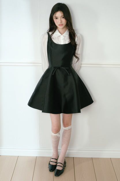 Glossy Black Spaghetti Strap A-Line Dress