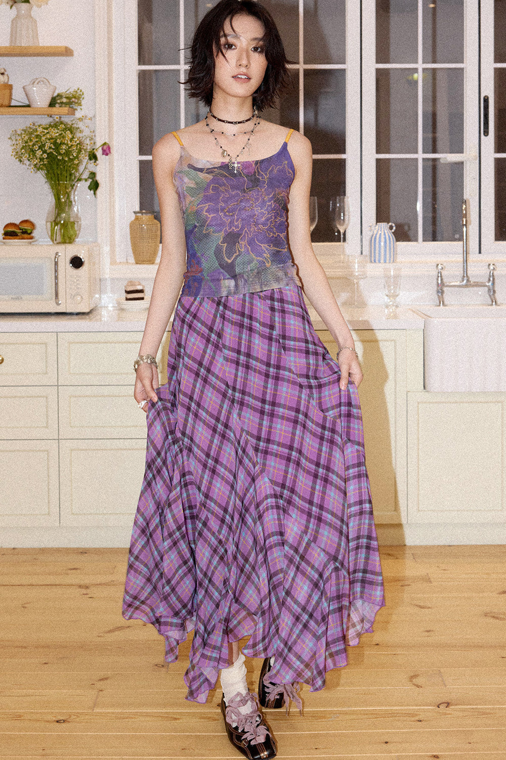 Asymmetrical Color-Block Plaid Chiffon Skirt
