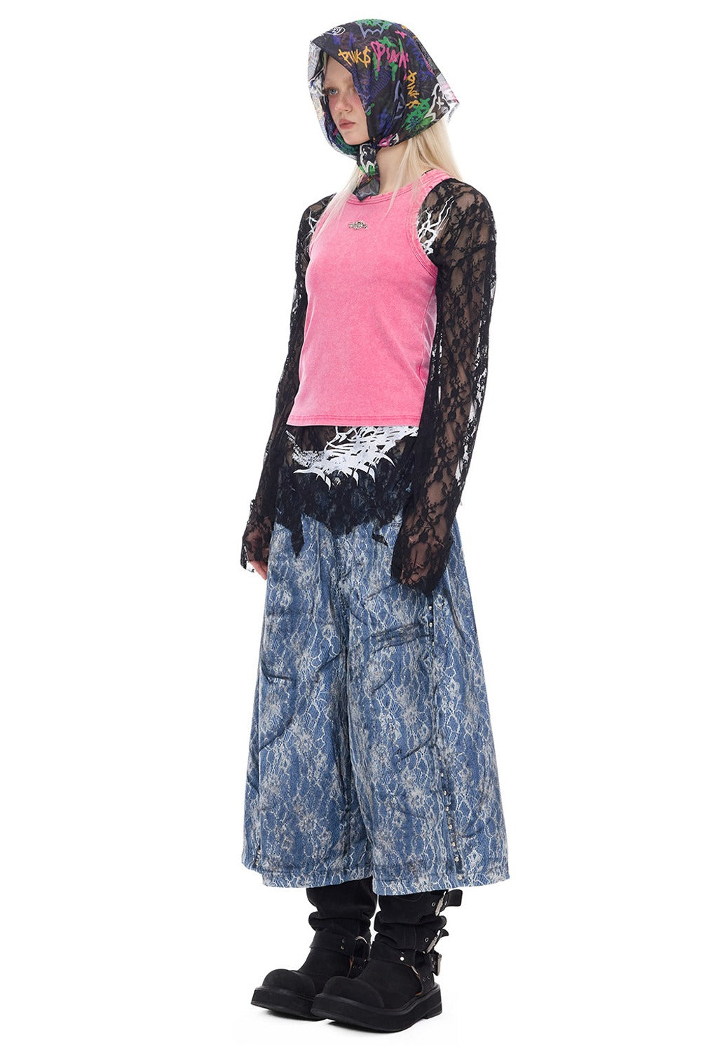 Rivet Structure Lace Denim Wide Leg Shorts