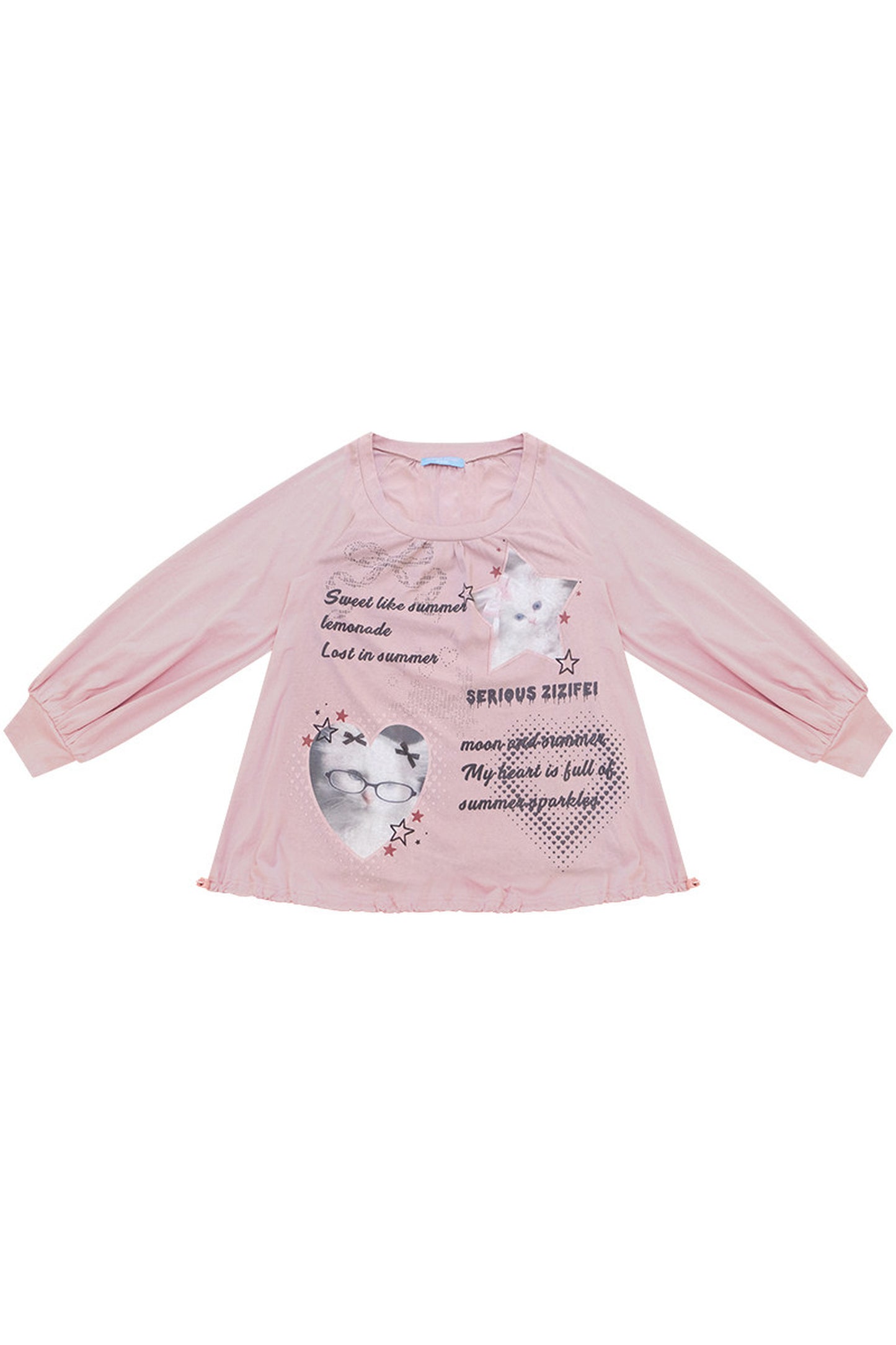 Tee-shirt rose à imprimé chat et manches lanterne