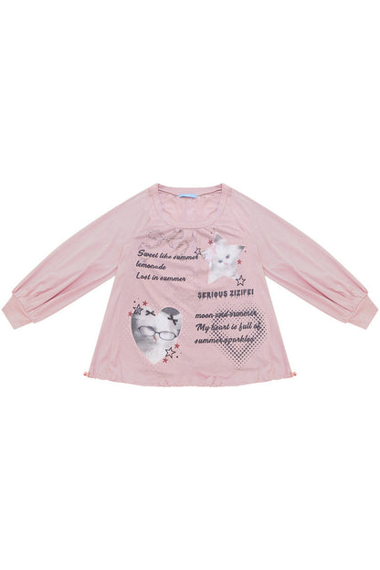 Tee-shirt rose à imprimé chat et manches lanterne
