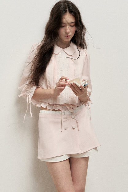 Mist Pink Lyocell Linen Mid-Sleeve Tuck Pleat Shirt Skirt Set-Up