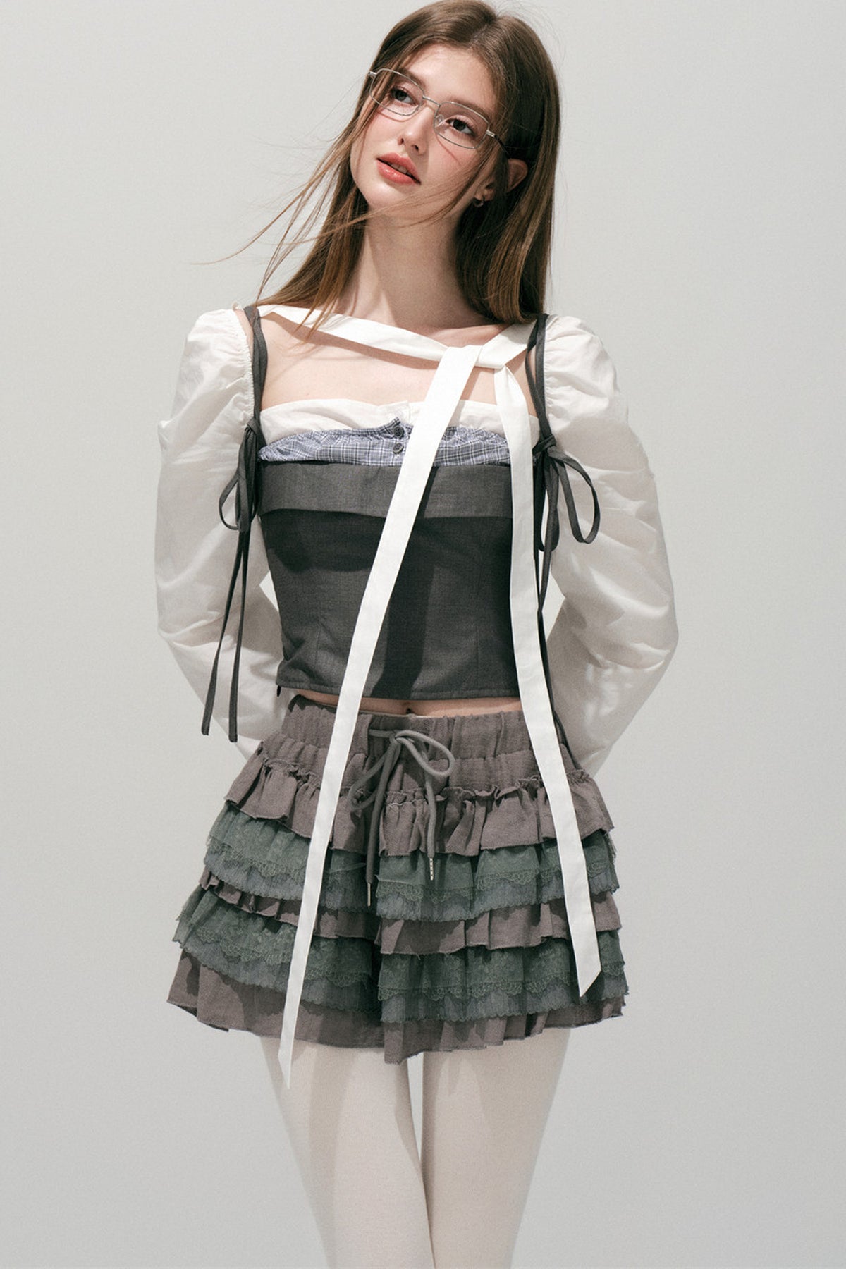Plaid Layered-Look Off-Shoulder Shirt