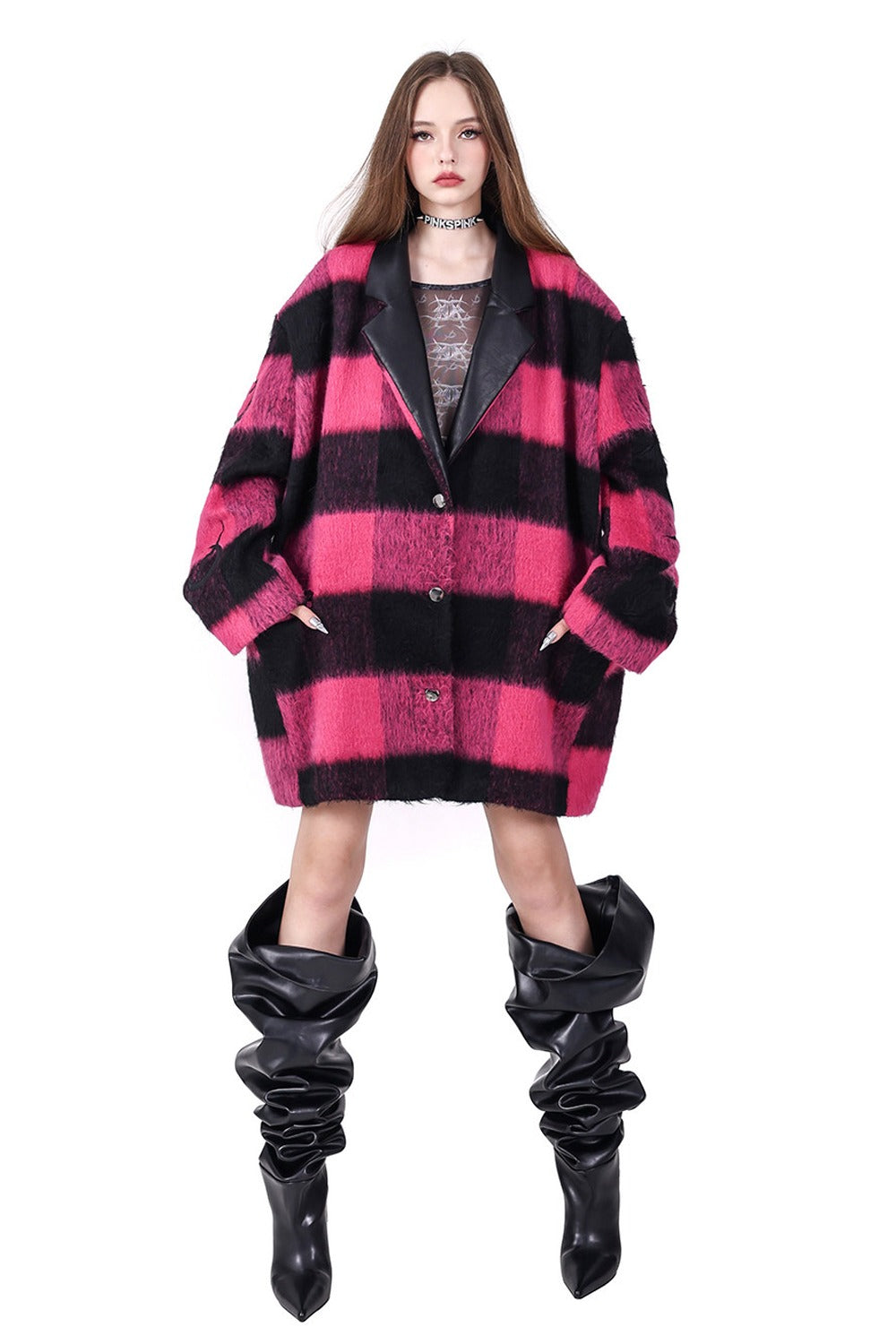 Black Pink Plaid Oversized Blazer