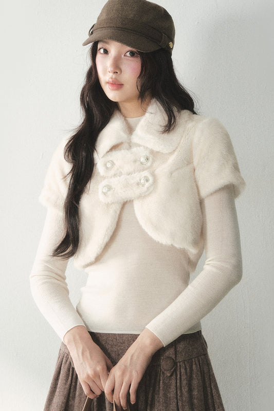 Short-Sleeved Double-Breasted Faux Fur Jacket