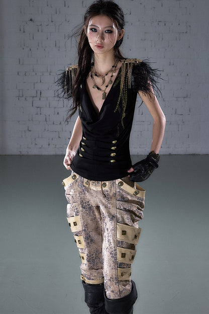 Gold Foil Feather Fringe Vest