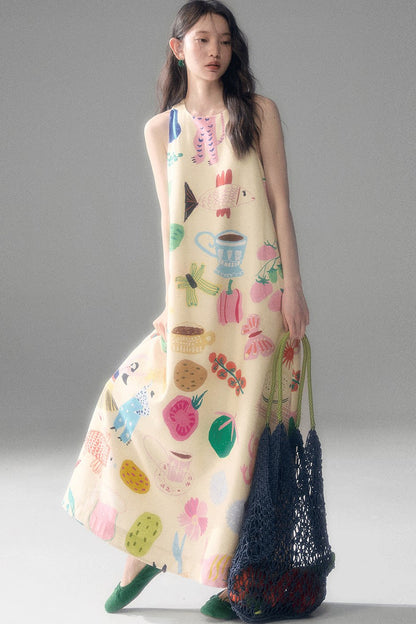 Hand-Painted Fruit Vegetable Print Sleeveless Vest Dress