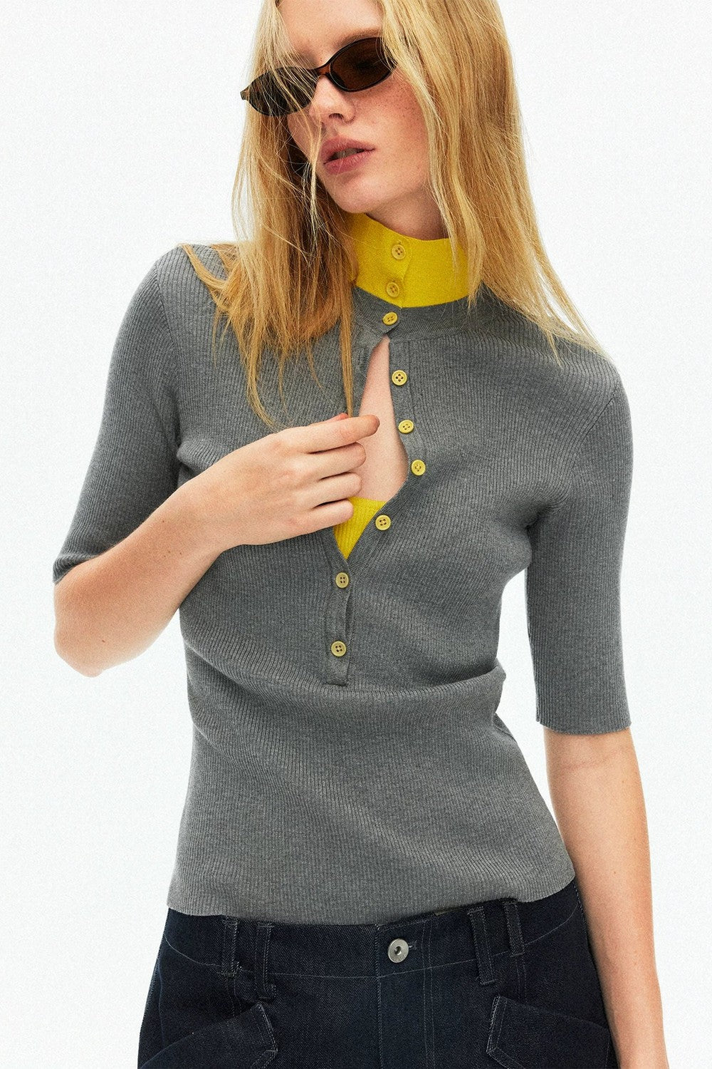 Lyocell Color-Blocked Fake Two-Piece Knit Top