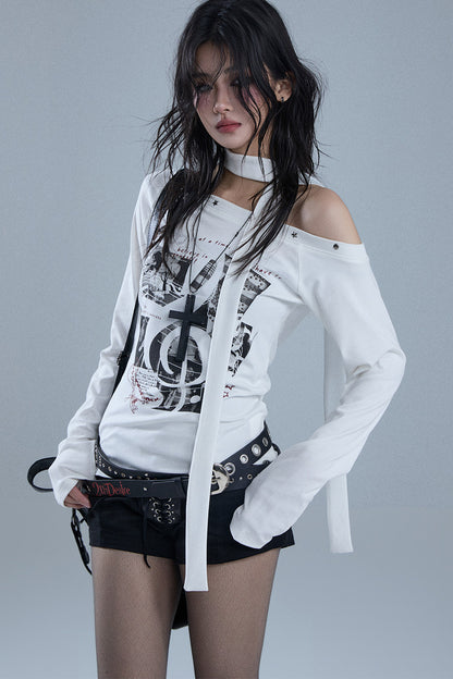 White Off-Shoulder Graphic Long-Sleeve T-Shirt