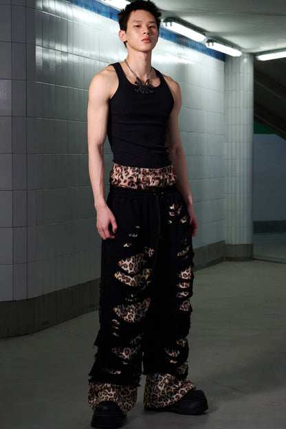 Leopard Print Ripped Double-Layer Sweatpants