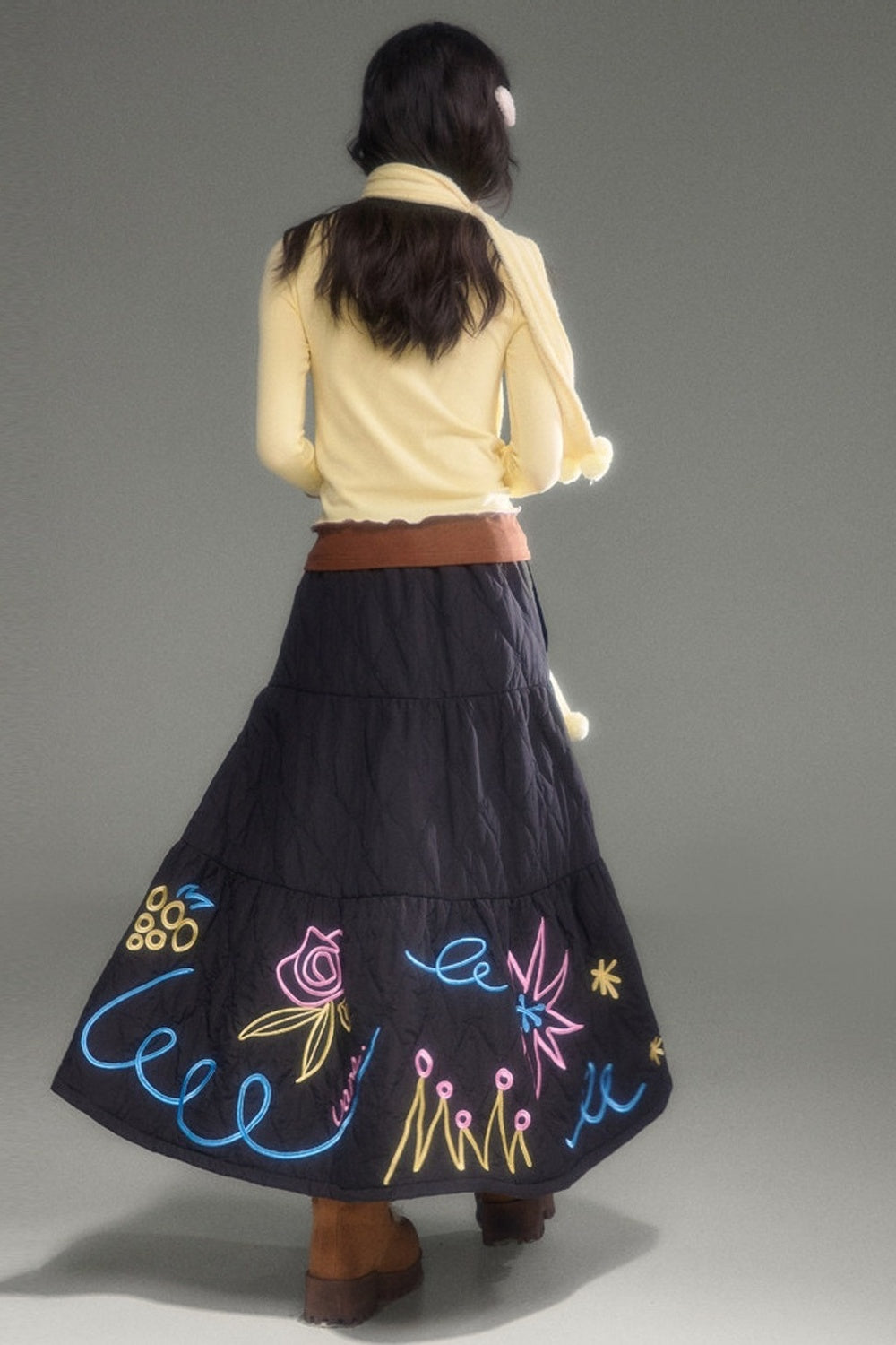 Floral Embroidered Quilted A-Line Tiered Skirt