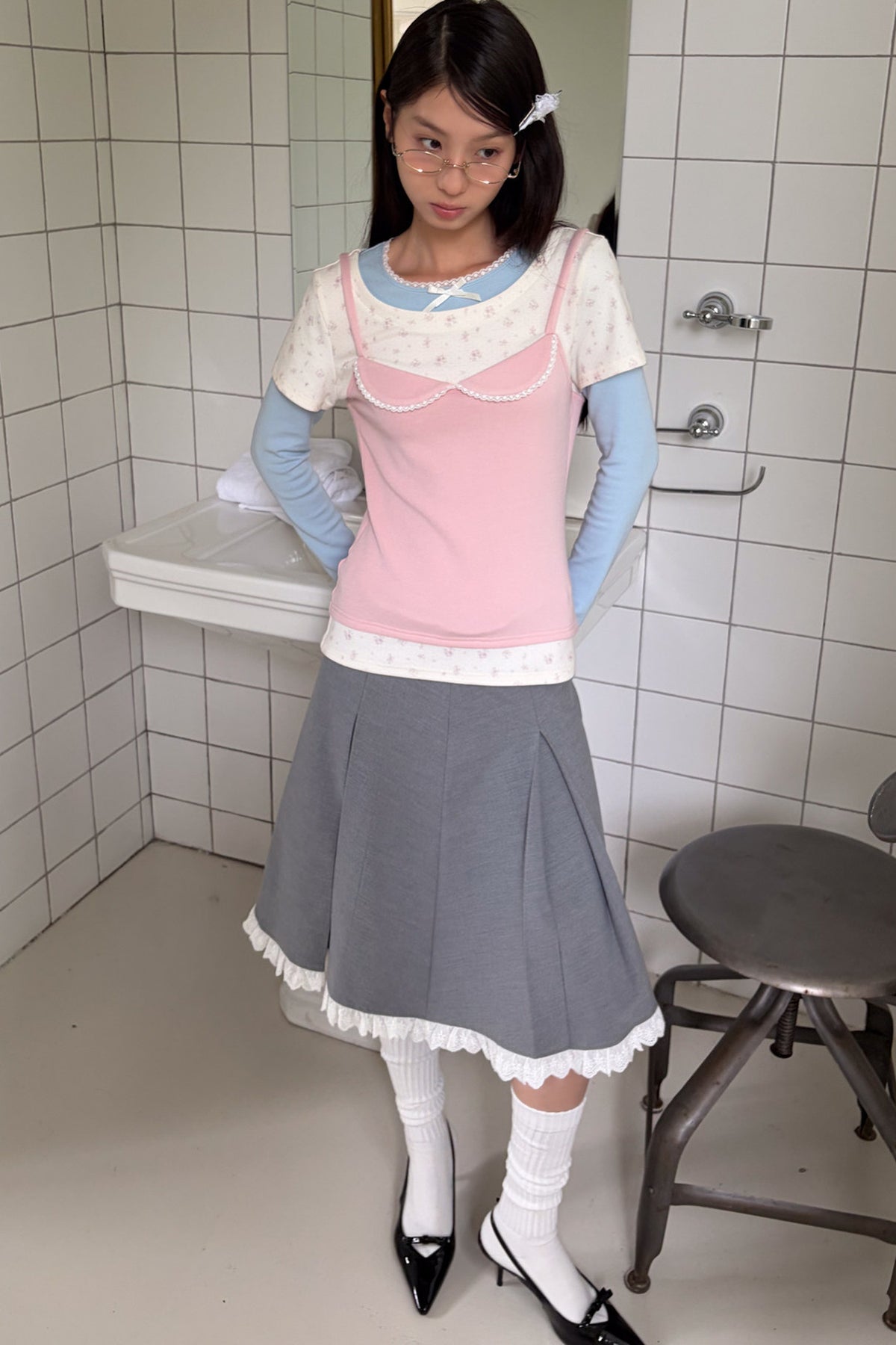 Gray Pleated Lace A-Line Skirt