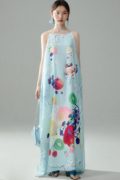 Hand-Painted Fruit Print Slip Dress