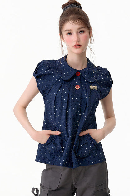 Camicia blu scuro a pois con colletto Peter Pan