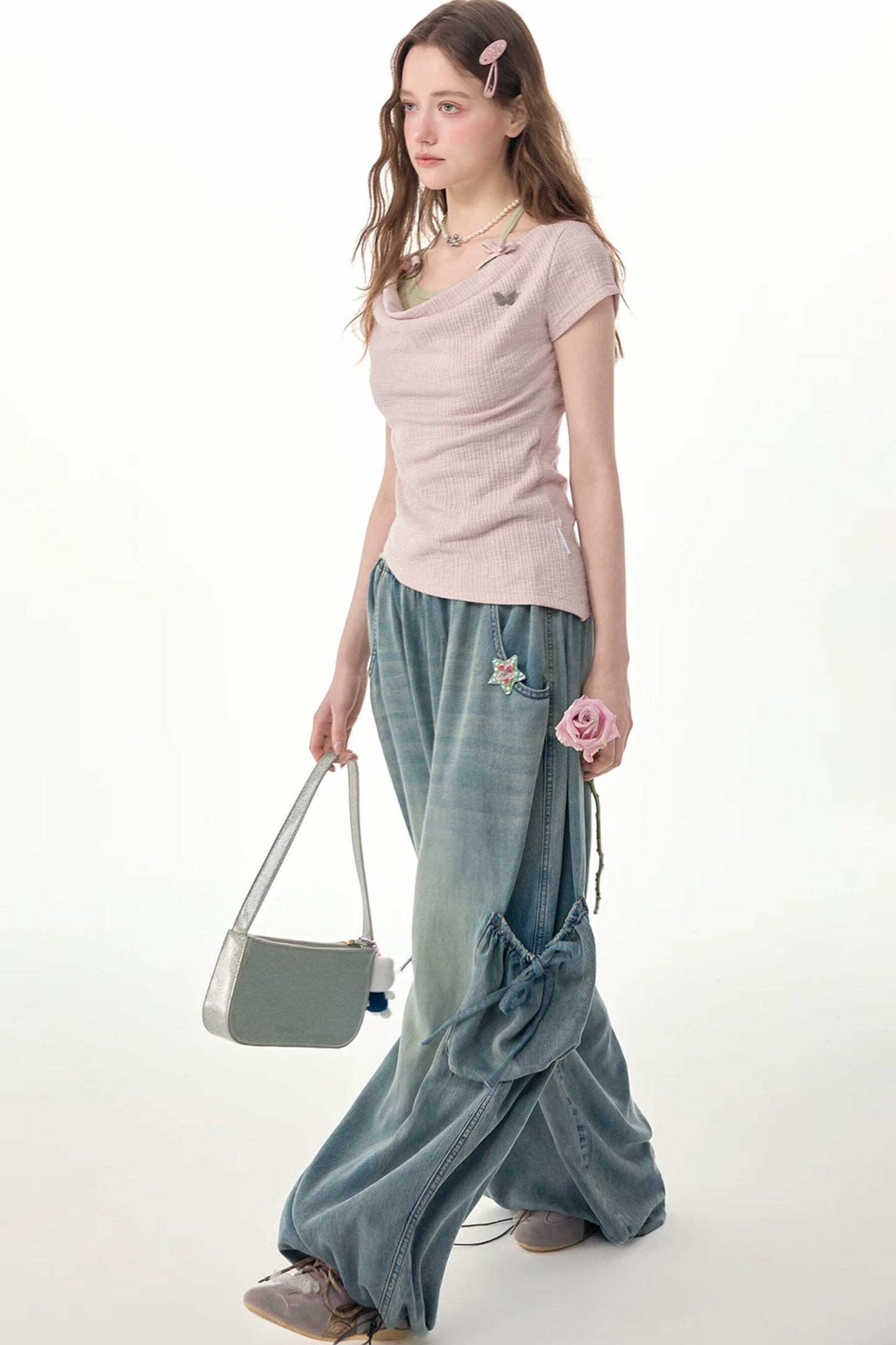 Pink Drape Neck Layered Short Sleeve Top