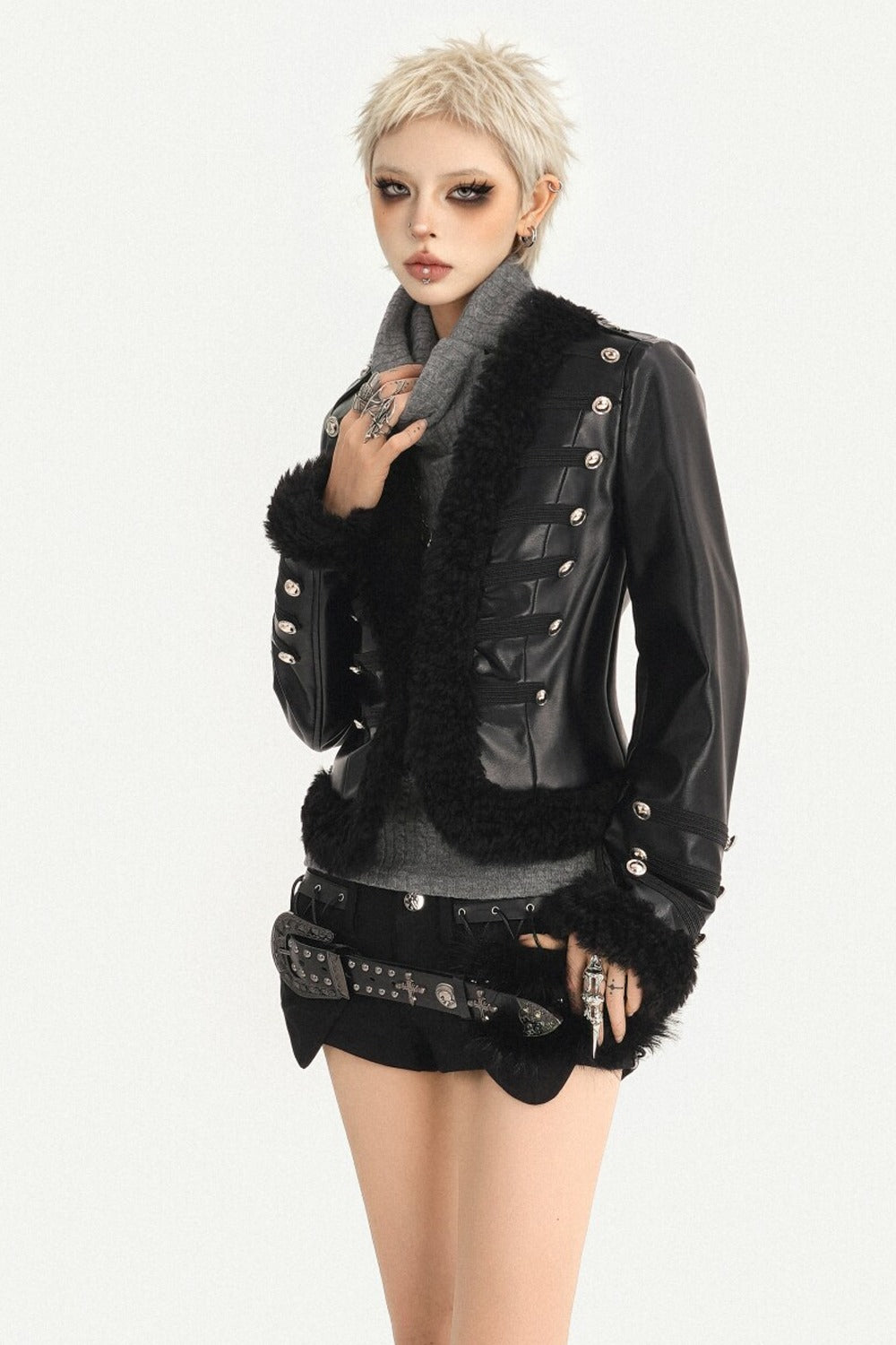 Black Leather Buttoned Fur Collar Jacket