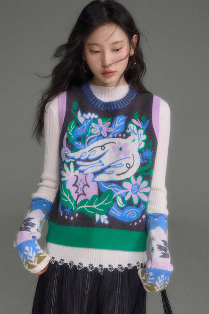 Nightingale Rose Bird Jacquard Knit Cardigan Vest and Skirt Set-Up