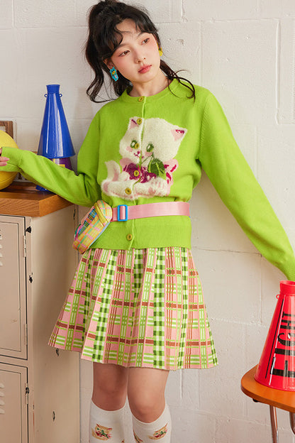 Green Cherry Cat Knit Cardigan Top