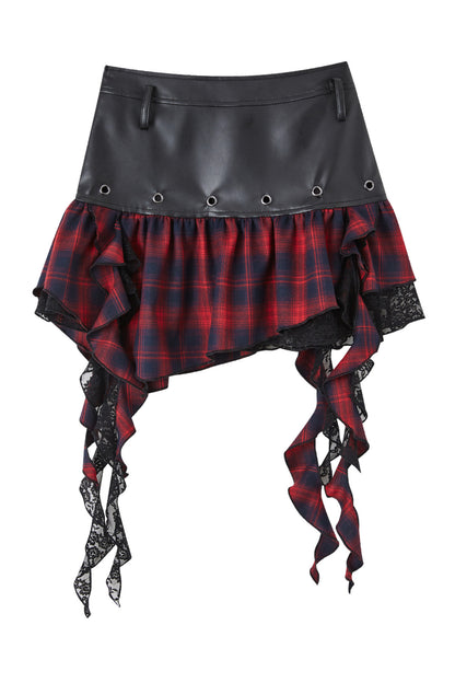 Irregular Hem Ruffle Patchwork Plaid Skirt