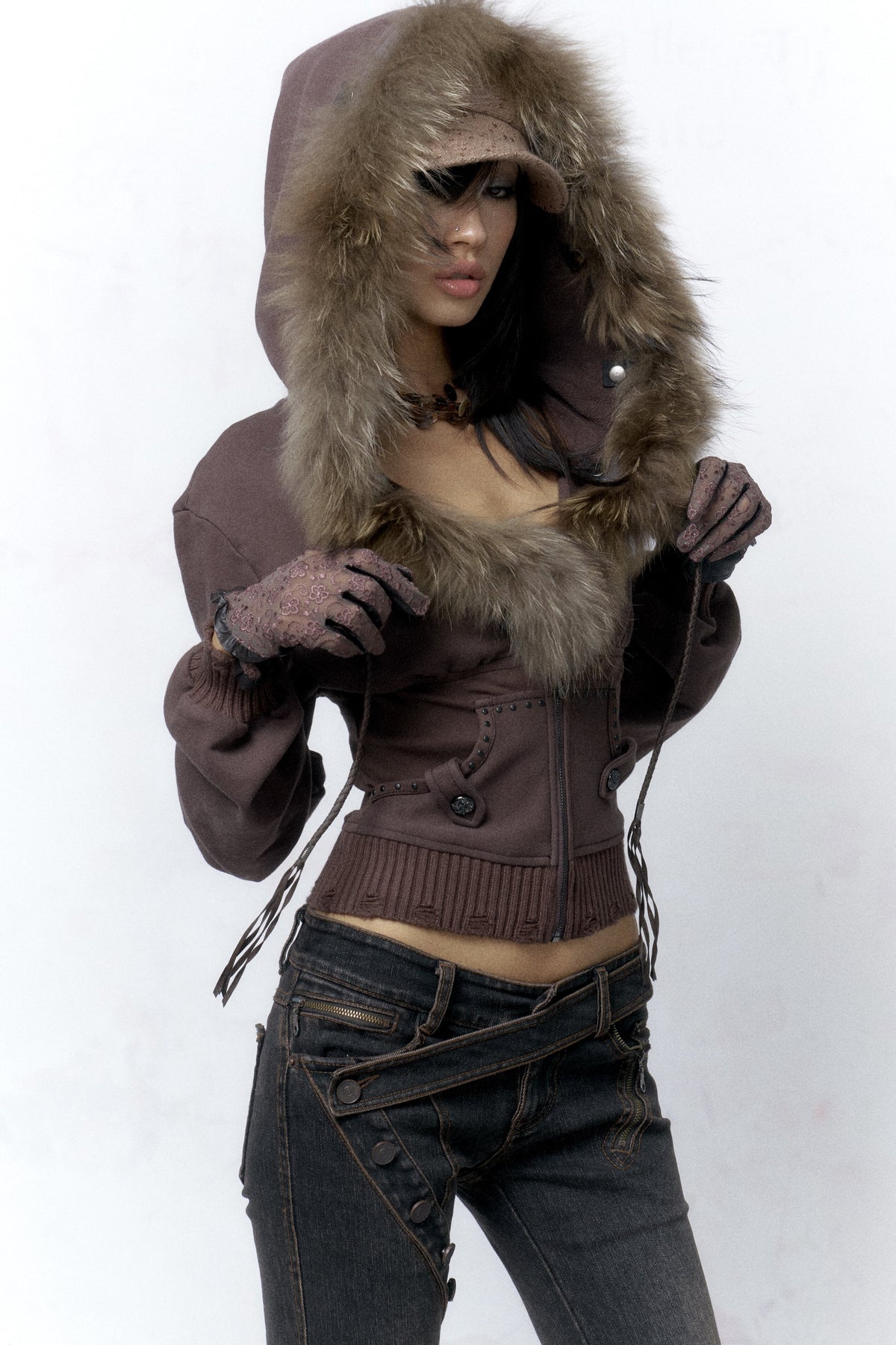 Detachable Fur Collar Studded Cotton Jacket