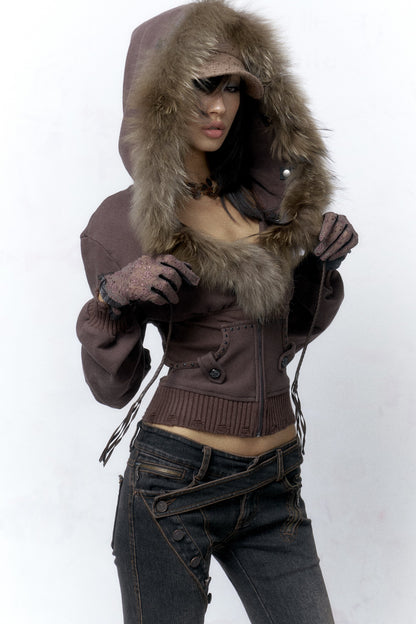 Detachable Fur Collar Studded Cotton Jacket
