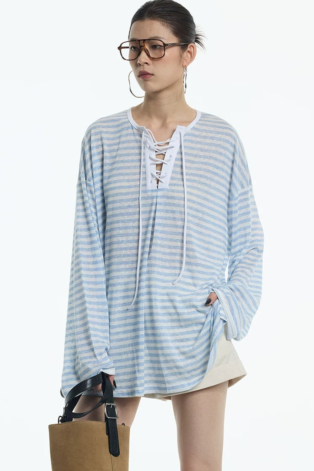 Navy Blue Tie-Neck Lyocell Top
