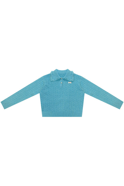 Blue Green Velvet Floral Twist Texture Tassel Sweater