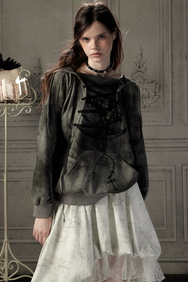 Distressed Drawstring Cross Print Hooded Pullover Sweatshirt