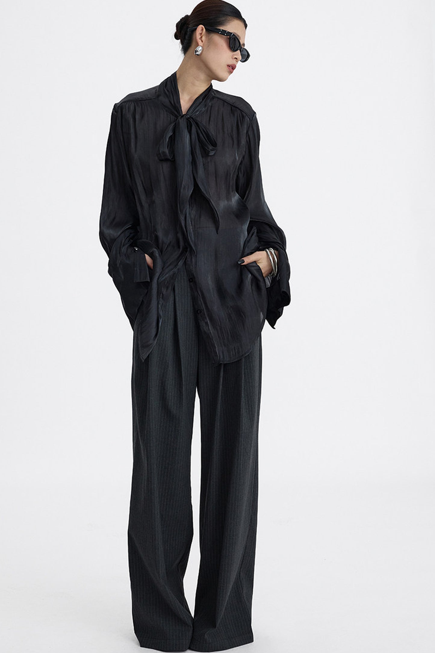 Pleated Pinstripe Wide-Leg Trousers