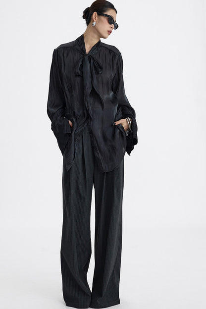 Pleated Pinstripe Wide-Leg Trousers