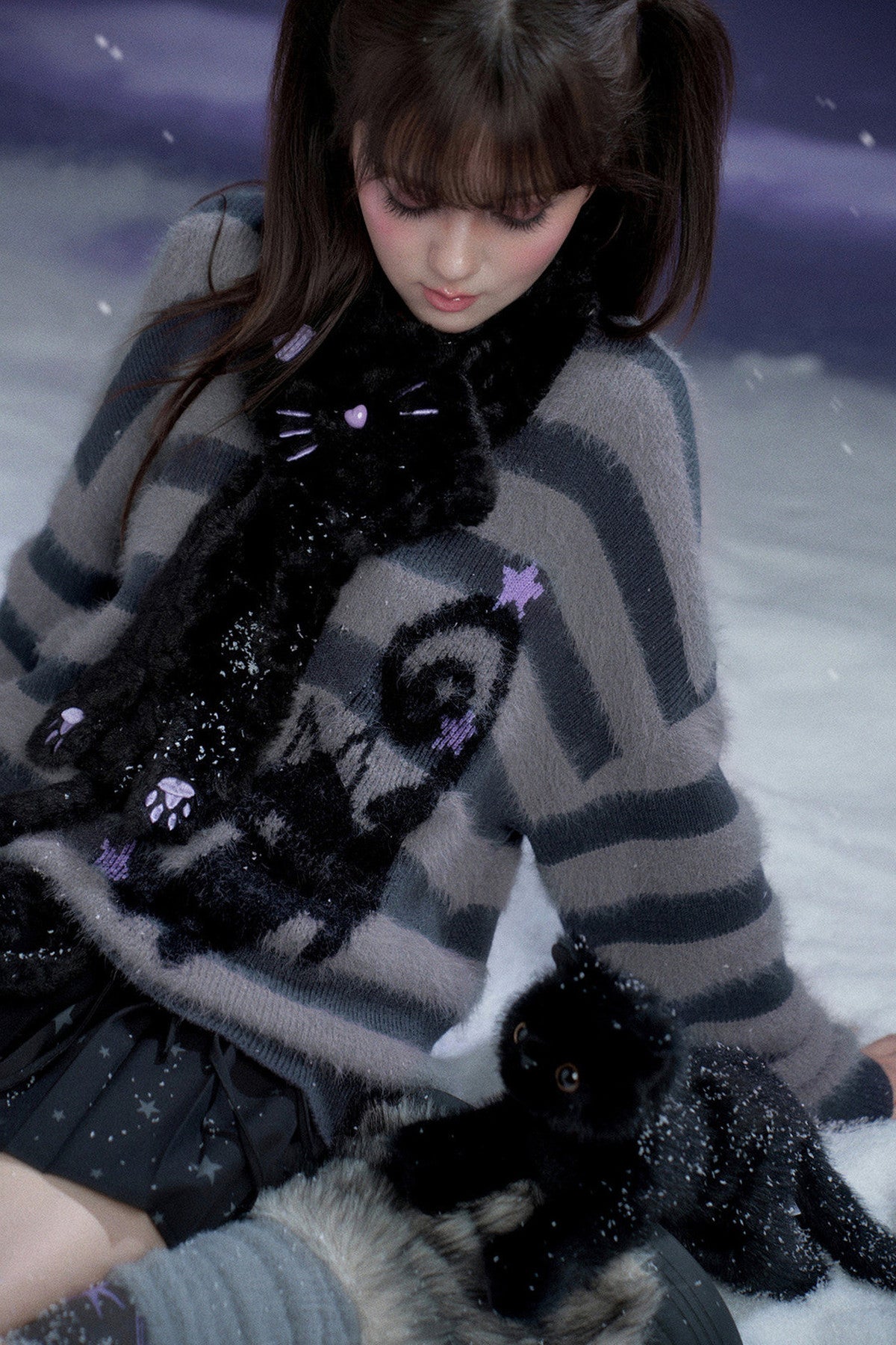 Halloween Meow Black Gray Striped Sweater Set-Up