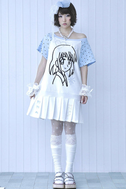 Blue White One-Shoulder Pleated Dress