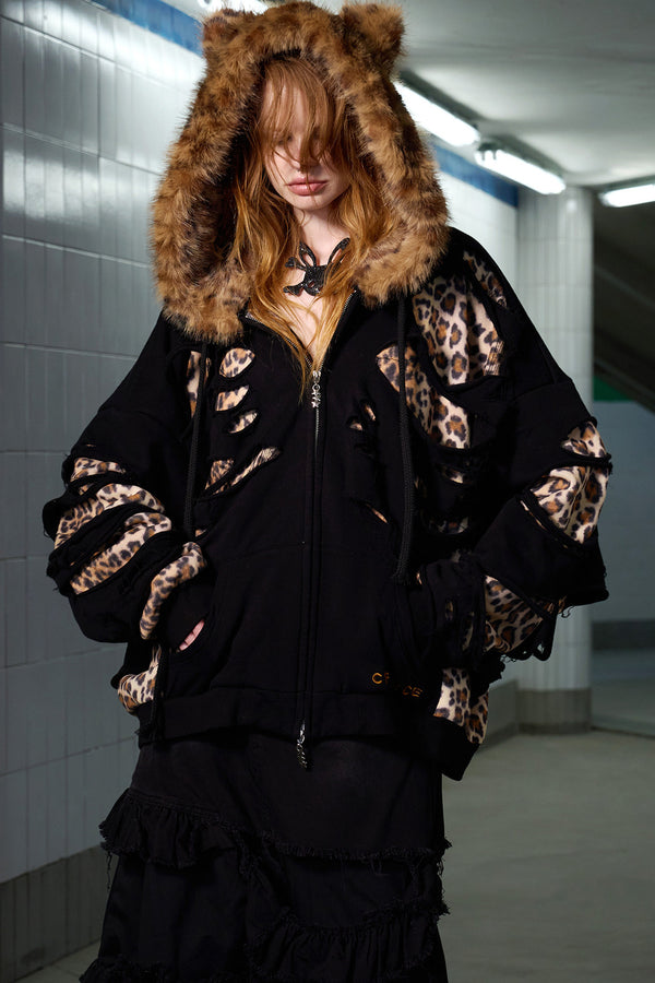Leopard Print Ripped Double-Layer Sweatshirt