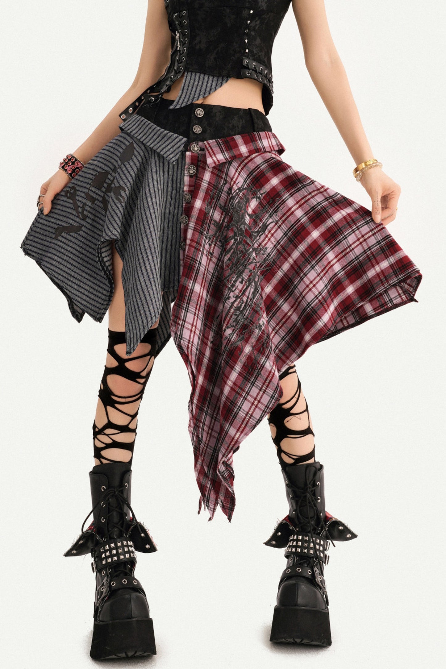 Irregular Plaid Patchwork Skirt