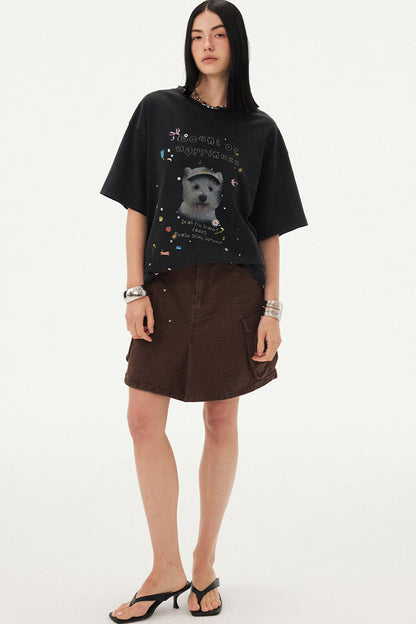 Rhinestone Cartoon Dog Drop Shoulder T-Shirt