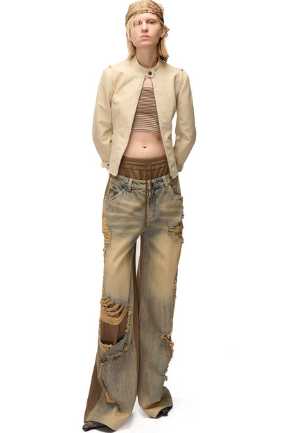 Slim-Fitting Functional Spliced PU Leather Jacket