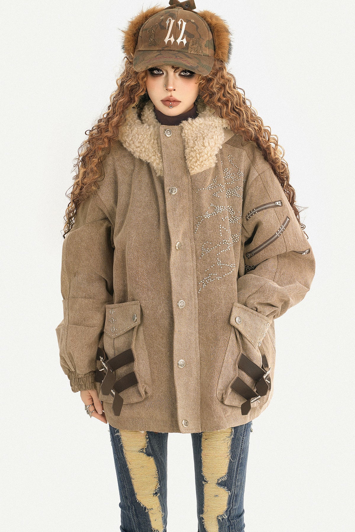 Maillard Fleece-Lined Hooded Fur Collar Jacket