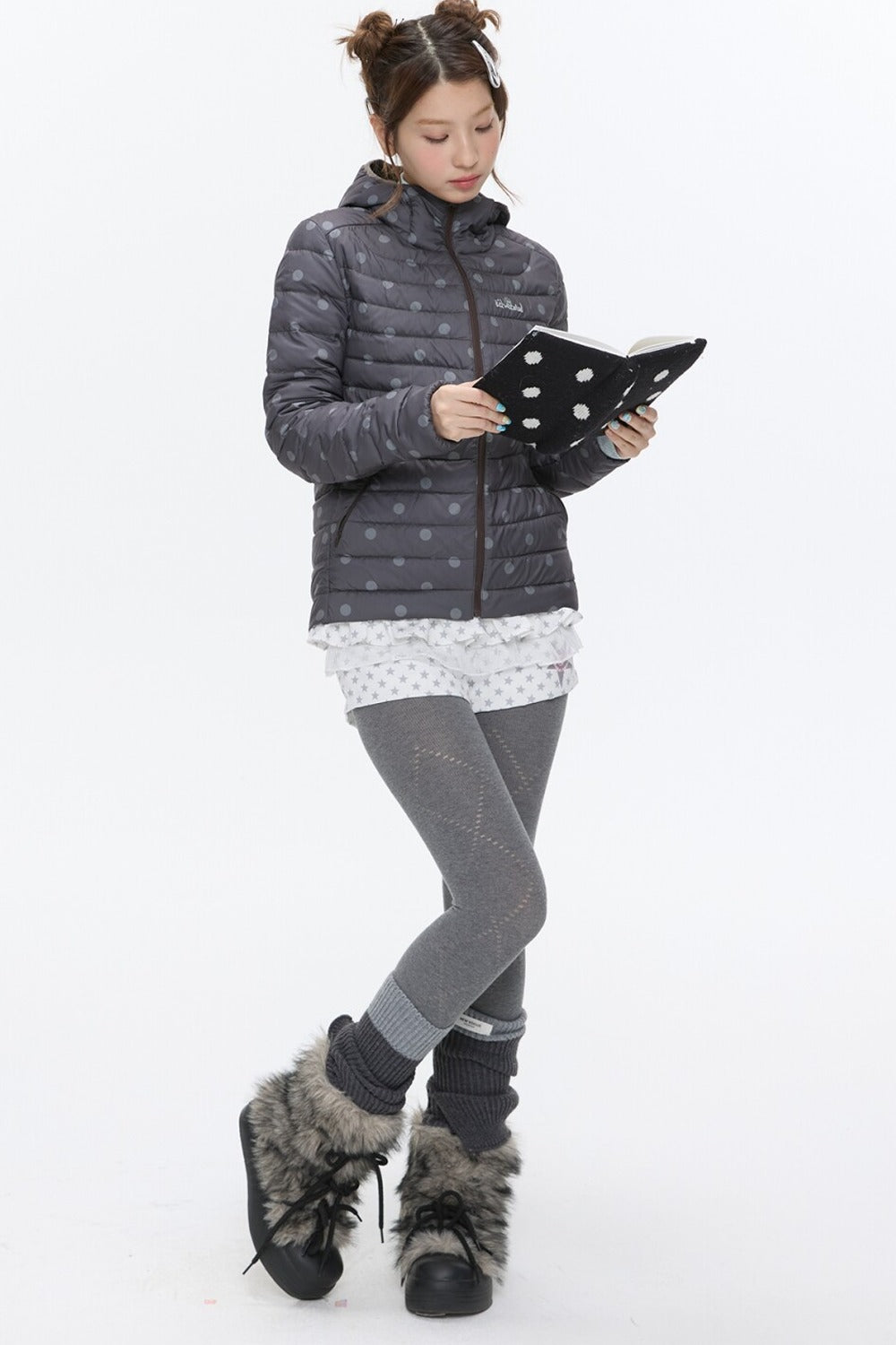 Hooded Ribbed Polka Dot Down Jacket