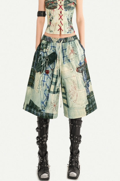 Patchwork Plaid Wide-Leg Pants