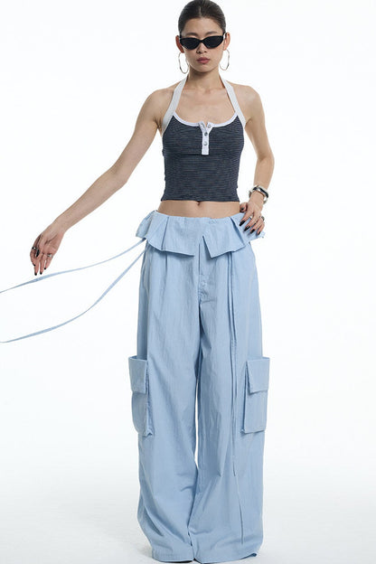 Ruffled Glacier Blue Wide-Leg Pants