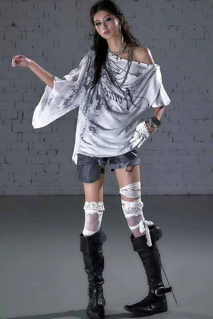 Off-Shoulder Print Chiffon Top
