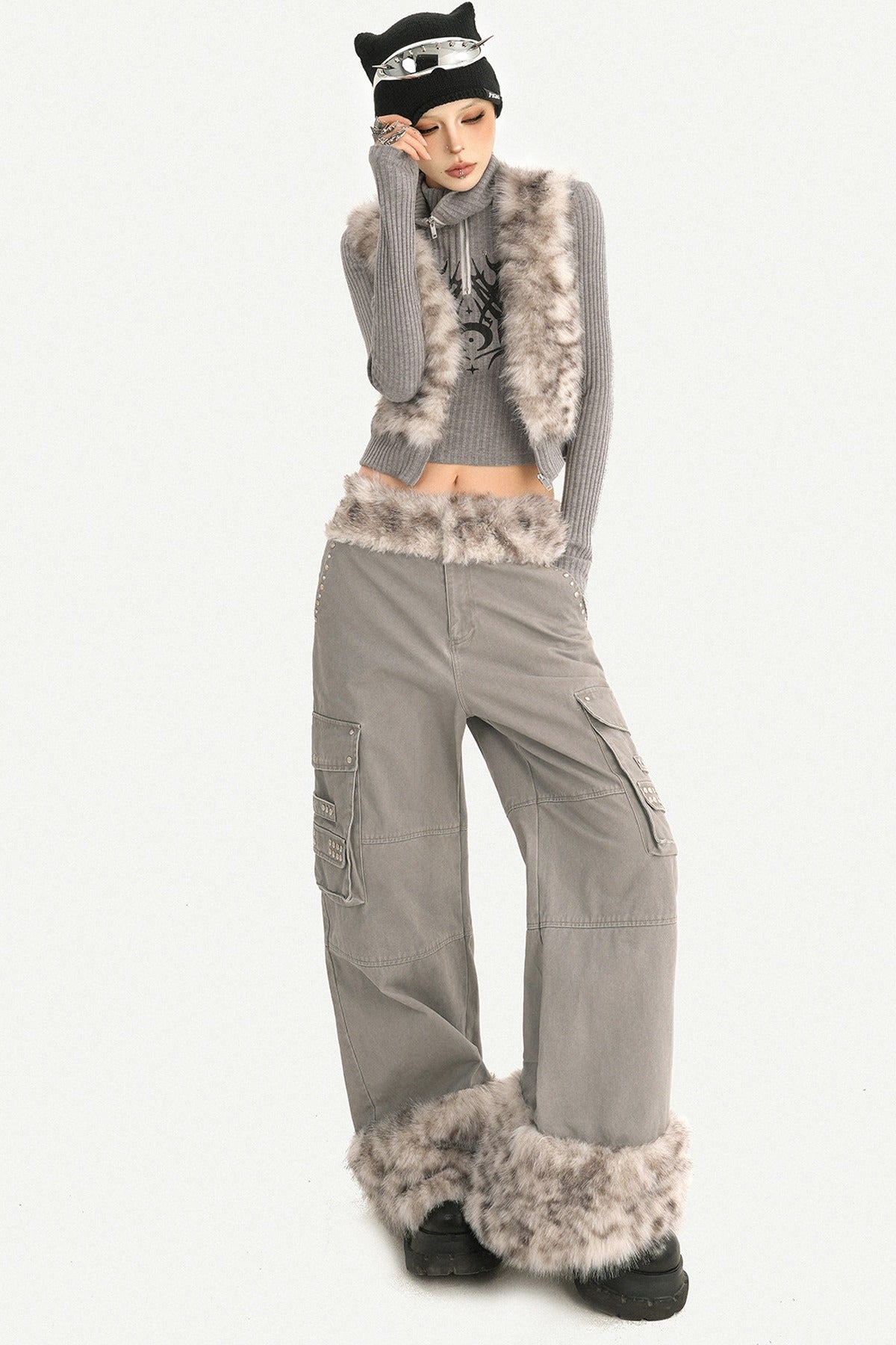 Leopard Plush Patchwork Wide-Leg Straight Workwear Pants