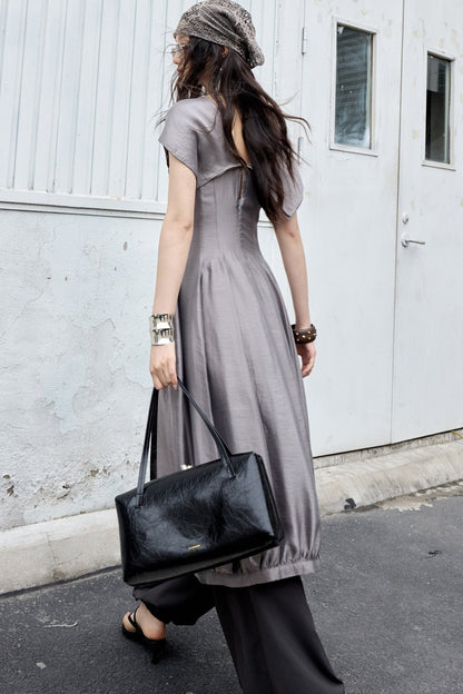 Glossy Balloon Scarf Collar Dress