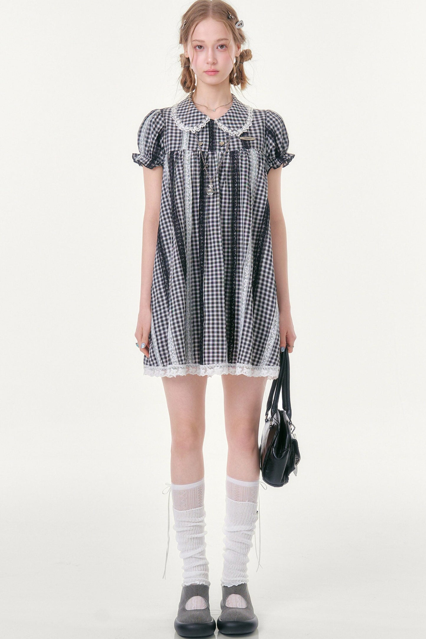 Retro Plaid Lace Puff Sleeve Dress