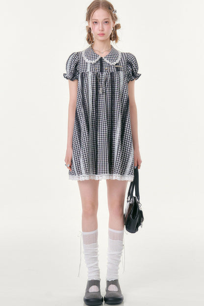 Retro Plaid Lace Puff Sleeve Dress