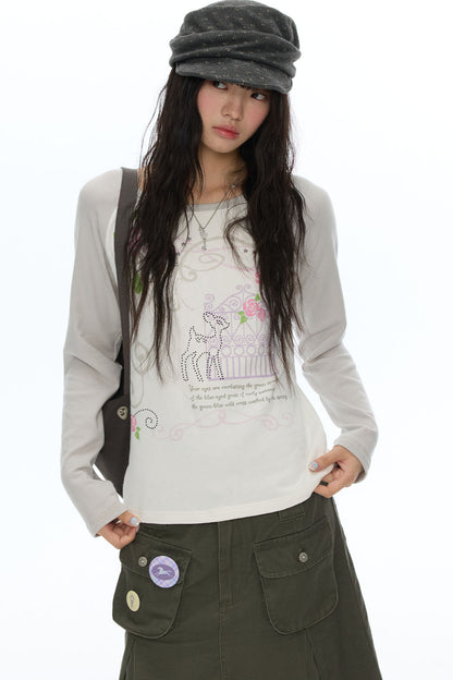 Deer Rose Print Long Sleeve Raglan Tee