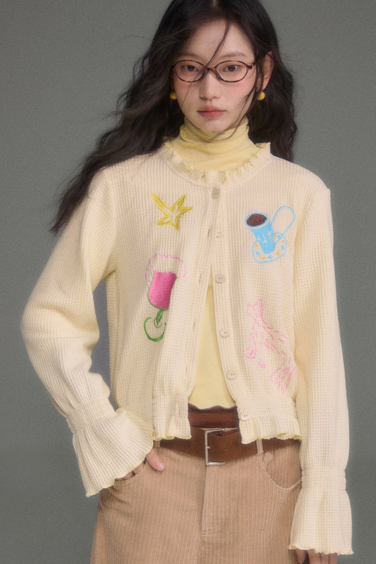 Hand-Painted Embroidered Bell-Sleeve Knit Cardigan