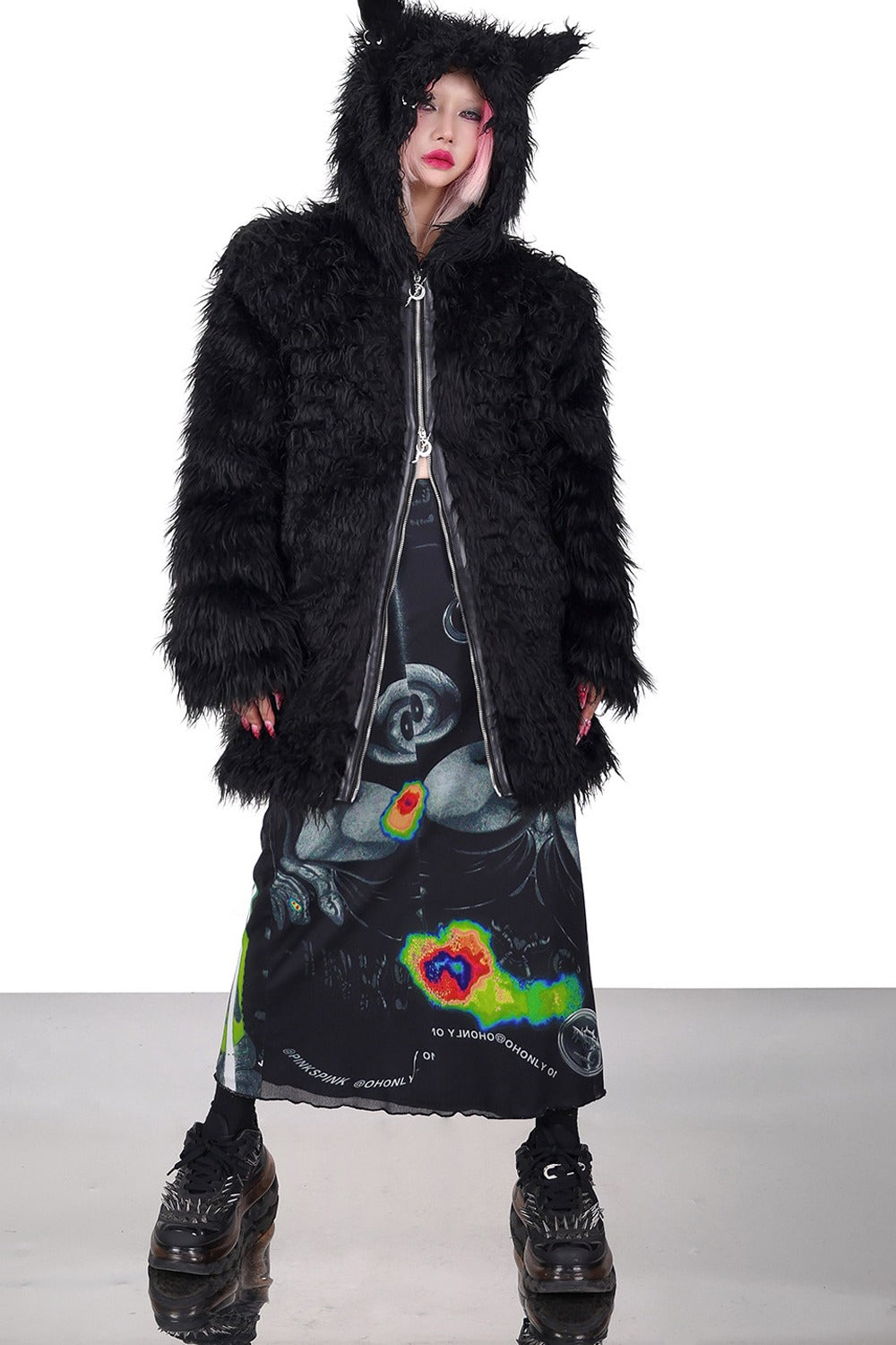 3D Cat Ears Hooded Faux Fur Jacket